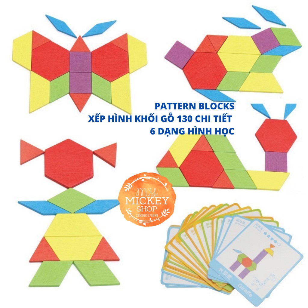 Đồ chơi gỗ ghép hình sáng tạo Pattern block 130 chi tiết giáo dục sớm hình học Montessori cho bé 3 4 5t My Mickey Shop