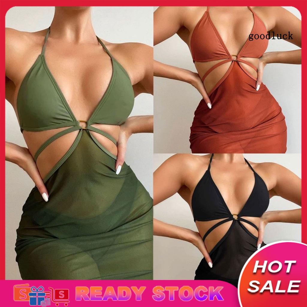 Bộ Đồ Bơi 3 Mảnh Hở Lưng Màu Trơn Thời Trang Cho Nữ