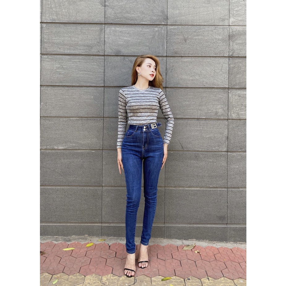 Áo thun tay dài nữ CRAZYTEEN cổ tròn họa tiết sọc AT0261