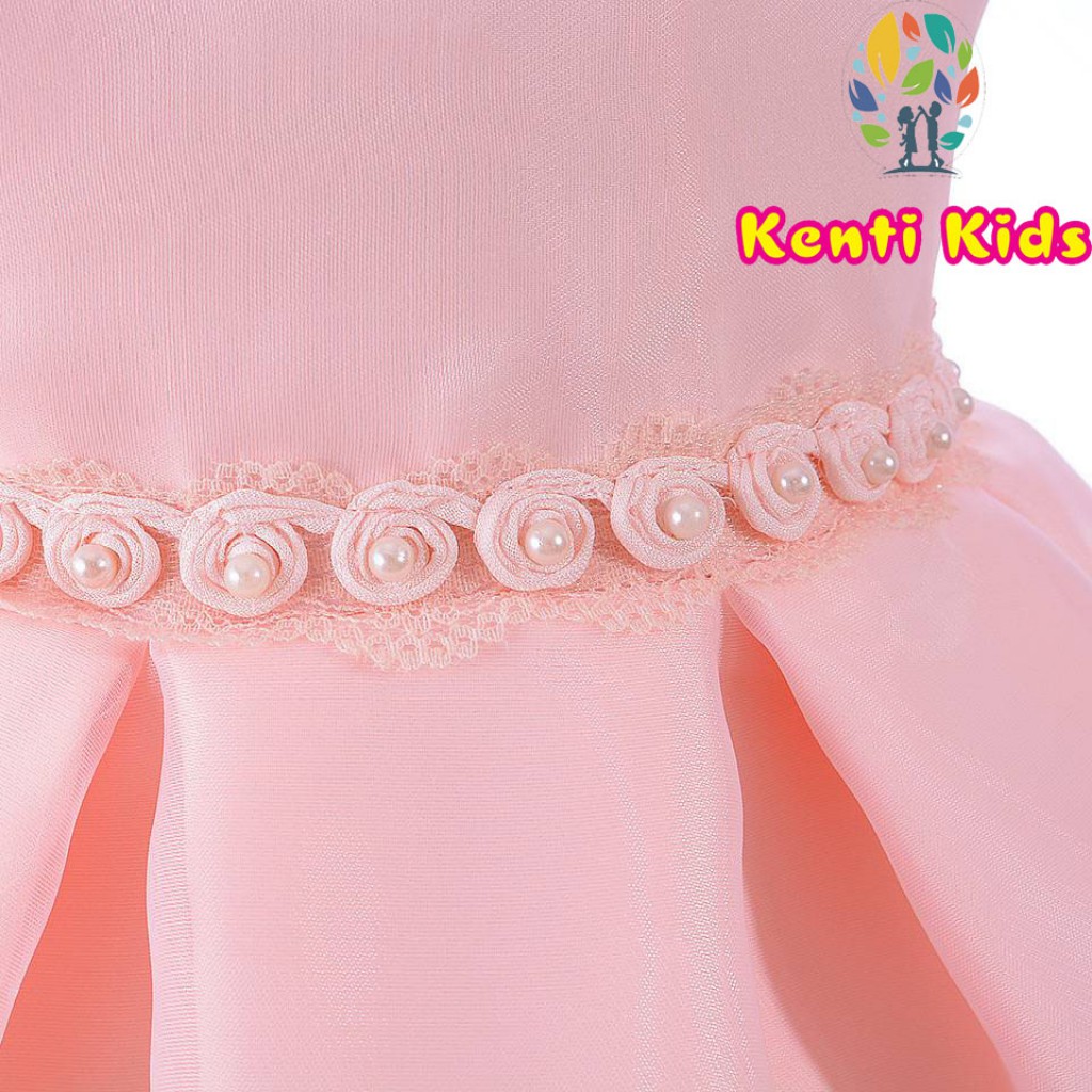 Đầm Công Chúa Cho Bé Gái KenTi Kids Thiết Kế Kèm Nơ Lớn Viền Bông, Vòng Eo Đính Hoa Ngọc