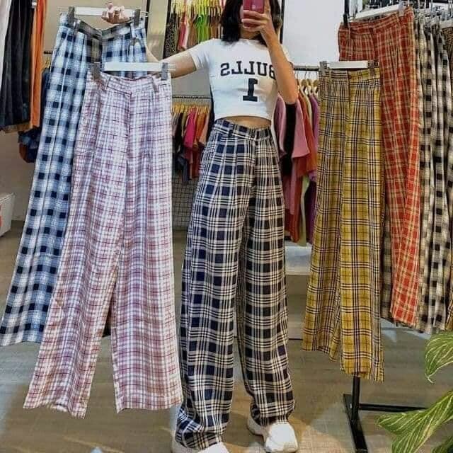 Quần kẻ caro ống rộng khóa thật | BigBuy360 - bigbuy360.vn