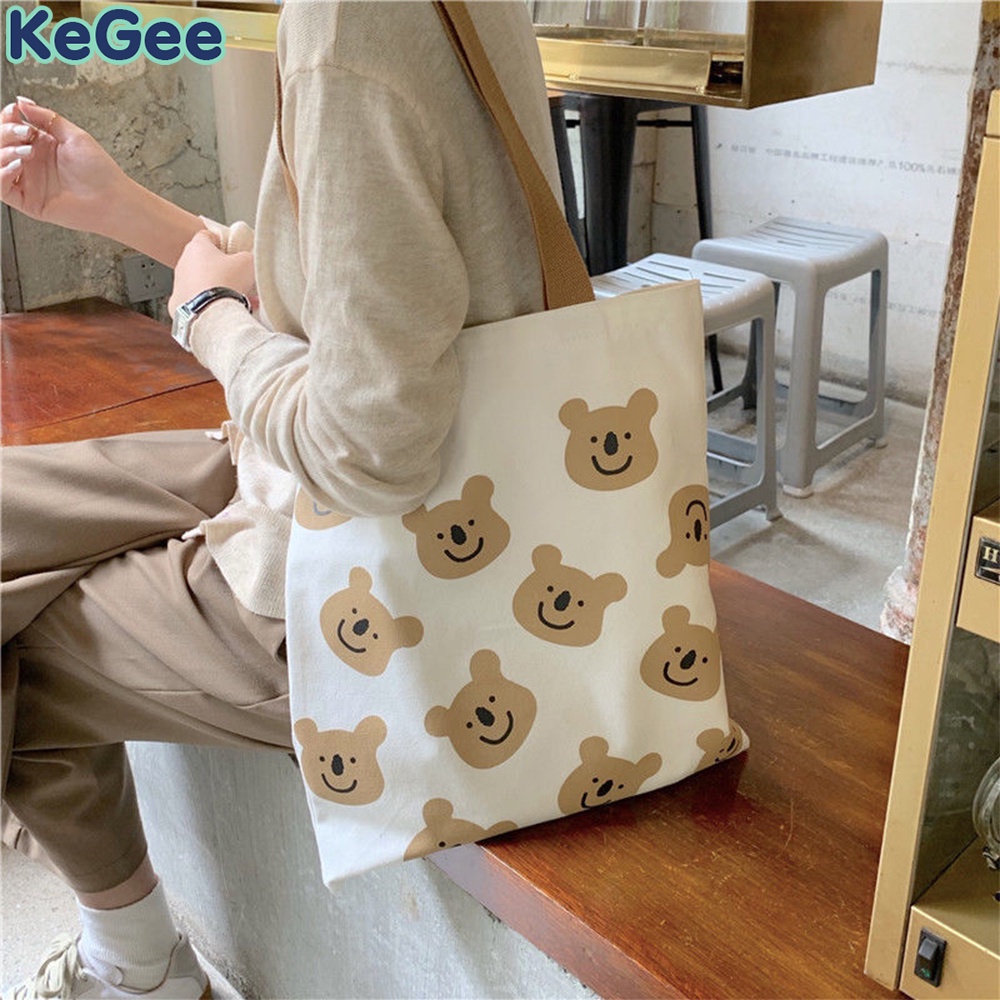 Túi Xách Canvas Đeo Vai In Họa Tiết Gấu Dễ Thương Thời Trang Cho Nữ