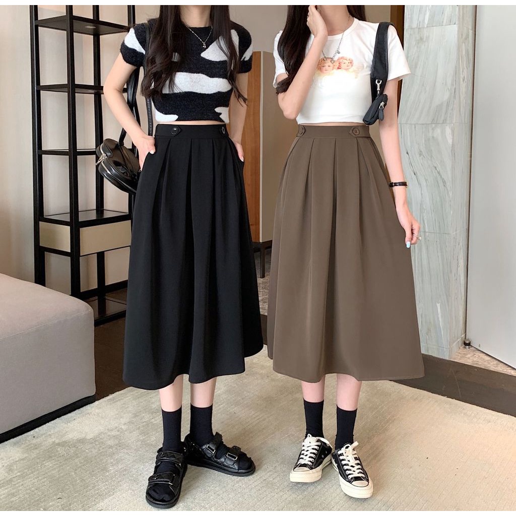 Chân Váy Chữ A Xếp Ly Lưng Cao Co Giãn Thời Trang Mới Cho Nữ