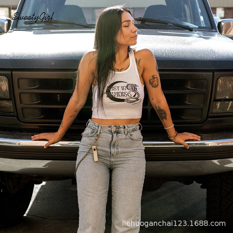 Áo Tank Top Cổ Chữ U In Chữ Màu Trắng Tương Phản Thời Trang 2022 Quyến Rũ Cho Nữ