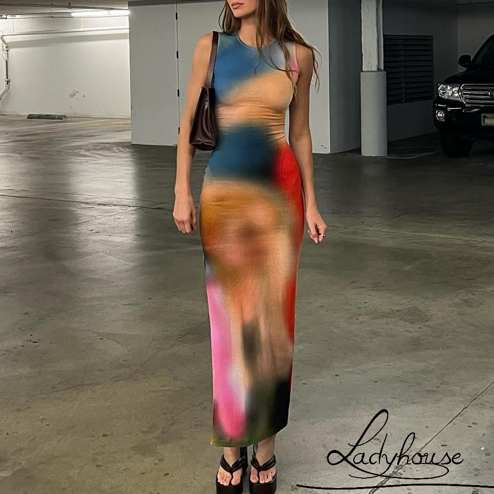 Đầm Dài Sát Nách Cổ Tròn Xẻ Tà Hông Nhuộm Màu Nhuộm Thời Trang Mùa Hè Cho Nữ