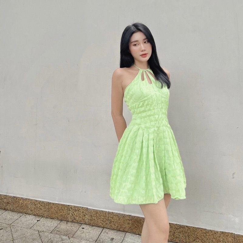 Váy cổ yếm dáng baby doll xoè chít eo 2 lớp Đầm kiểu
