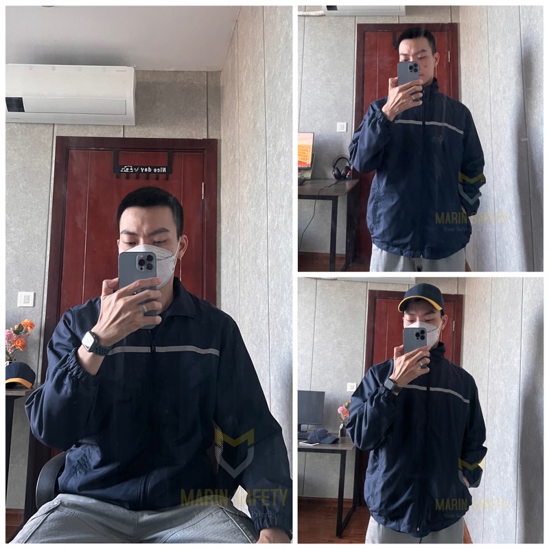 Áo khoác gió lót lưới màu xanh than, có phản quang, chất liệu vải gió gân (size M-L-XL) - Marin Safety