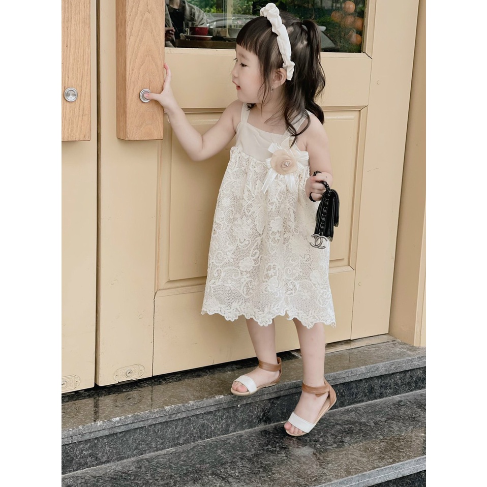 Váy bé gái hai dây phối ren đính hoa ngực, Đầm công chúa dụ tiệc xinh xắn tặng kèm bờm cho bé từ 8 đến 20 kg, SUN KID'S