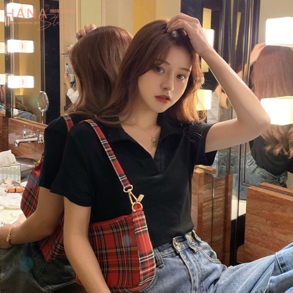 Áo Croptop nữ tay ngắn cổ bẻ chữ V cá tính màu đen trắng dáng áo phông nữ cộc tay ngắn form rộng đi học biển gym mùa hè