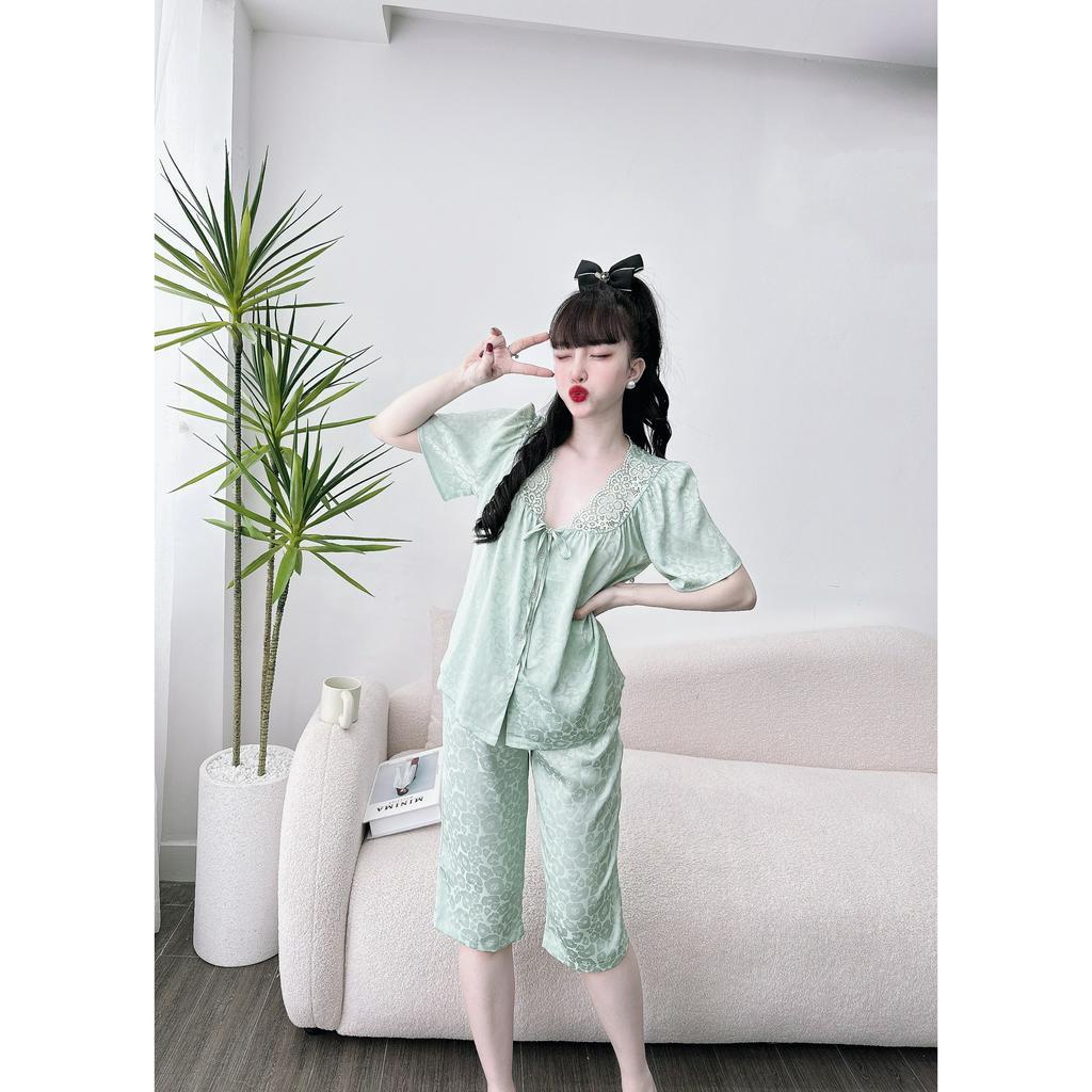 Bộ đồ ngủ nữ cao ấp VY LINH áo cộc quần lửng màu trơn chất lụa gấm mềm mại, thoáng mát, mặc thoải mái khi ngủ s981
