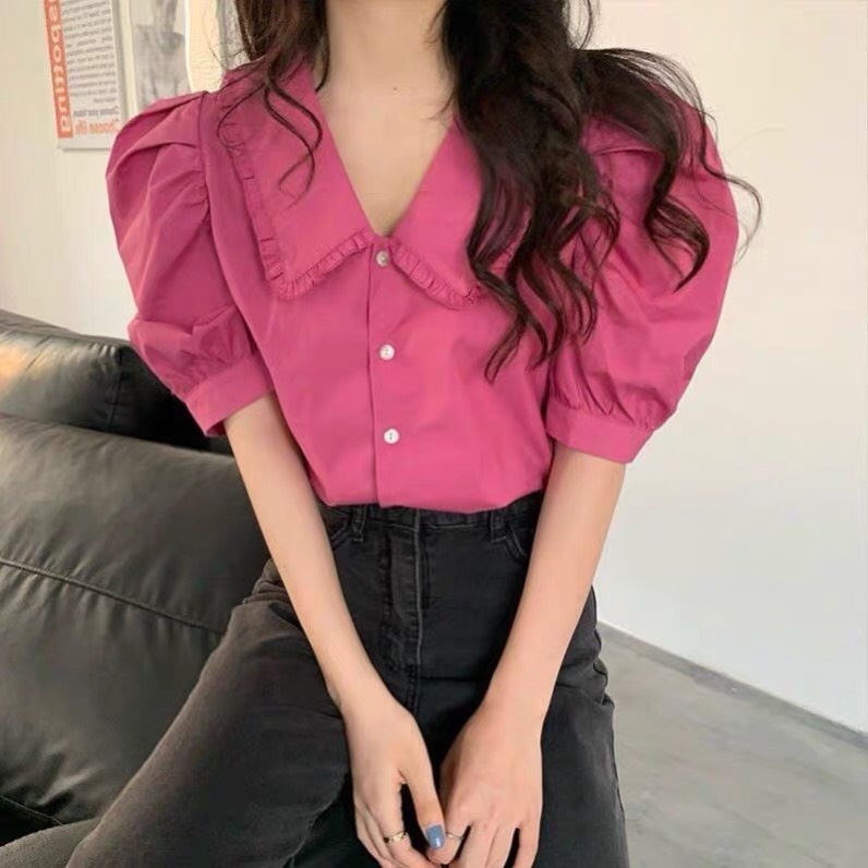 Áo Sơ Mi Trắng Nữ Đẹp Áo Kiểu Form Rộng Tay Ngắn Phồng Cổ Đức BèoThiết Kế PINK BOUTIQUE