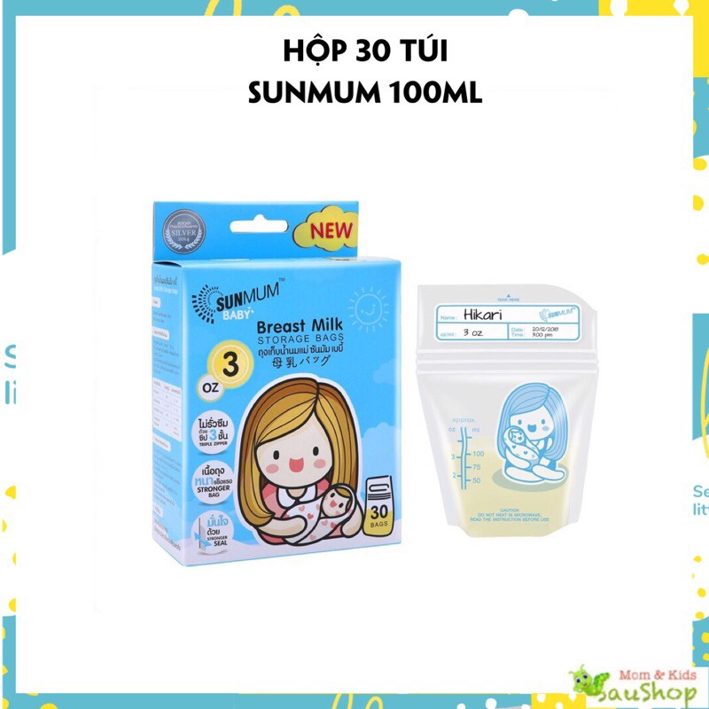 [ Phù hợp tích trữ từng bữa ăn ] Túi Trữ Sữa, Túi Đựng Sữa 100ml Sunmum Thái Lan ( Hộp 30 túi)