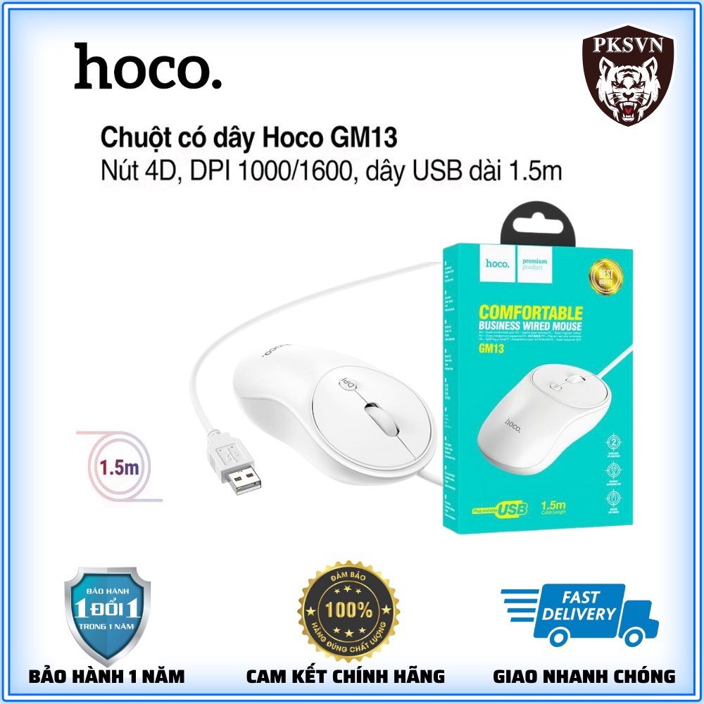 Chuột Máy Tính Có Dây Chính Hãng Hoco GM13 - Chuột Laptop Nút 4D Cao Cấp DPI 1000/1600 Dài 1.5M Chất Liệu ABS - BH 1 Năm