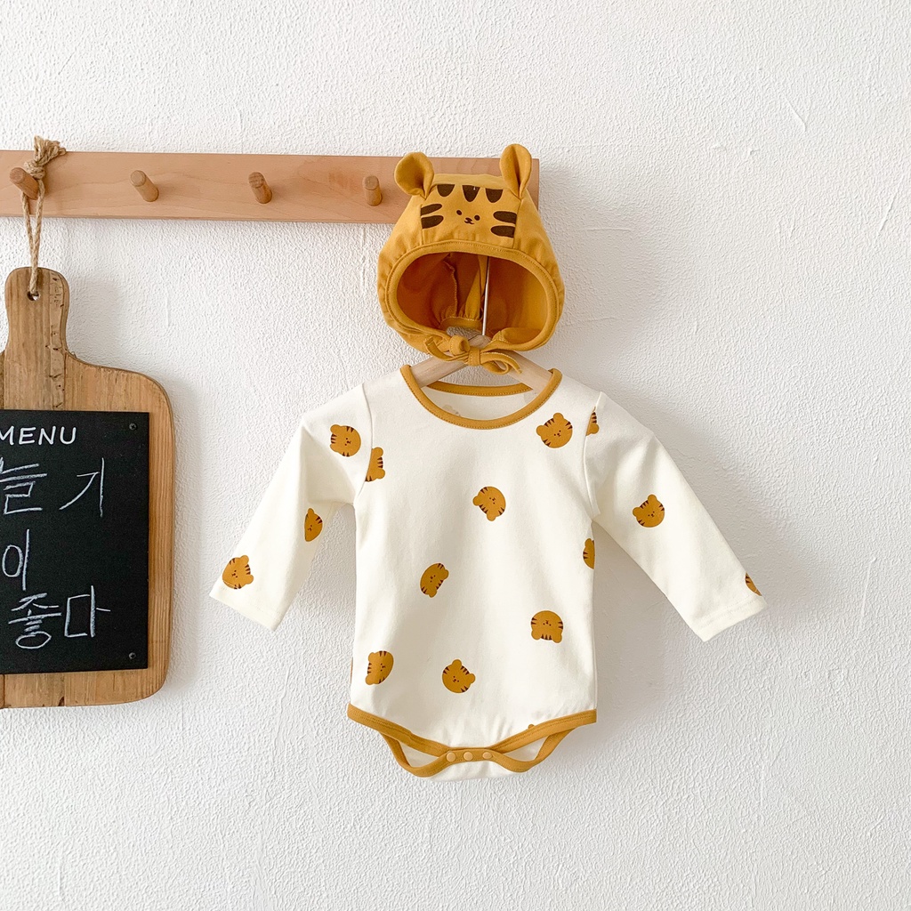 Set Áo Liền Quần &amp; Quần Dài &amp; Mũ Trùm Đầu In Hình Hổ Dễ Thương Cho Bé Sơ Sinh