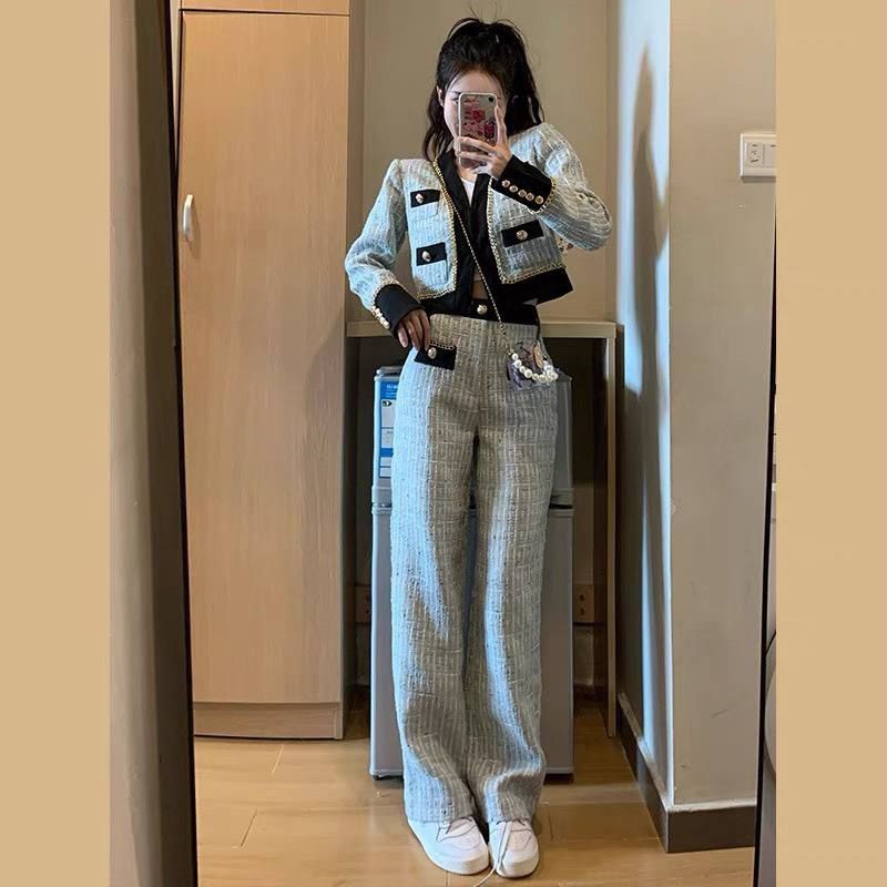 SET DẠ 3 MÓN ÁO KHOÁC CROP TAY DÀI + ÁO CROP 2 DÂY TRẮNG KÈM QUẦN SUÔNG DÀI