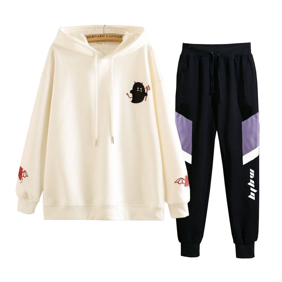 Set Bộ 2 Món Quần Dài + Áo Hoodie Nón Nam Nữ Unisex Chất Vải Nỉ CB2_MQU076THDEF6_WAH067NO (Dọc Tím Mula + Quỷ Nhỏ)