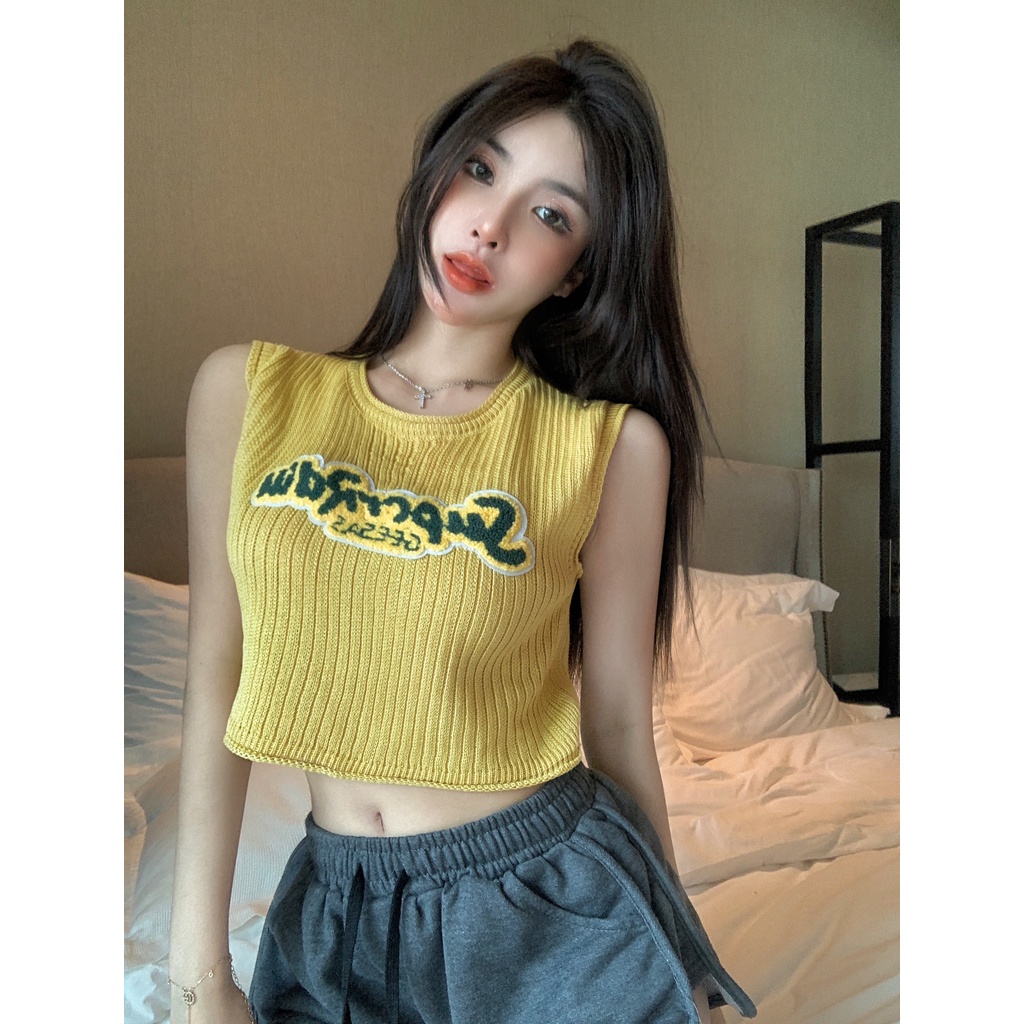 HUANG YOYO Áo Lửng Hai Dây Thêu Họa Tiết Màu Xanh Dương Phong Cách retro Thời Trang Hàn Quốc Cho Nữ