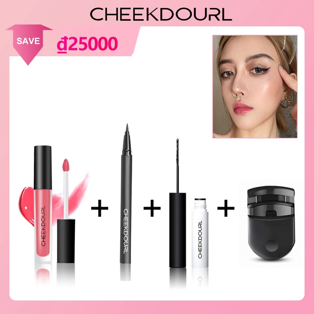 CHEEKDOURL 4 P CS / Son Tint có sắc tố cao + Mascara siêu lì + Kẻ mắt dạng lỏng lâu trôi + Dụng cụ uốn mi cho mỹ phẩm / Trang điểm / Bộ trang điểm