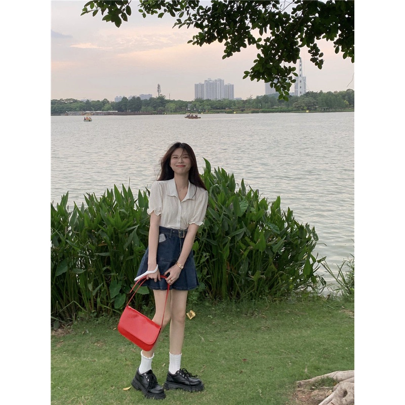 Chân Váy Jean Chữ A Lưng Cao Xếp Ly Thời Trang Mùa Hè Phong Cách Hàn Quốc Cho Nữ