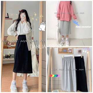 Chân váy thun trơn dáng dài 2 màu ĐEN | GHI basic - Chân váy dáng suông Ulzzang