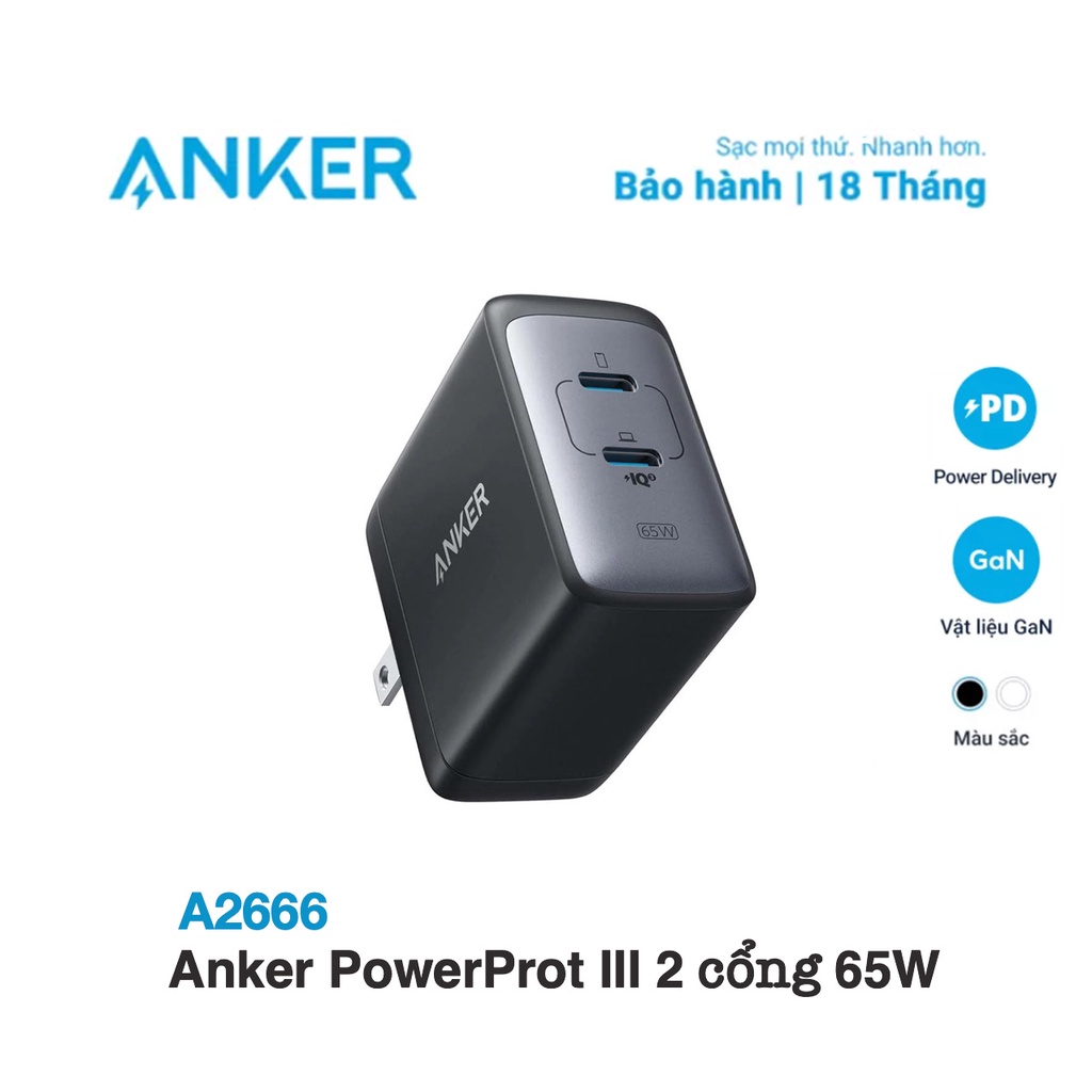 Củ Sạc Nhanh Anker A2666 PowerPort III 65W 2 Cổng USB-C PPS/PD GaN II, Bảo Hành 18T
