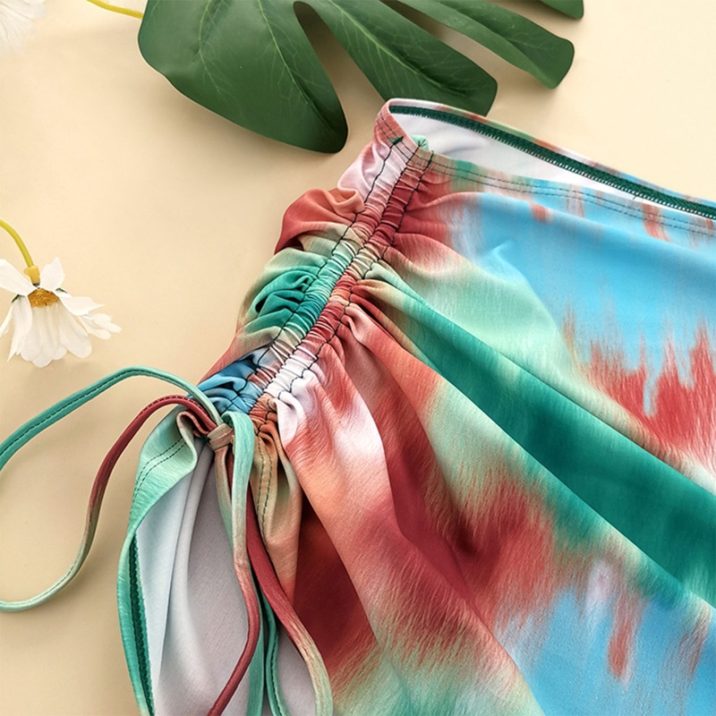 Bộ Đồ Bơi Bikini Ba Mảnh Mềm Mại Màu Nhuộm Phối Túi Thắt Nút Gợi Cảm Cho Bạn Gái