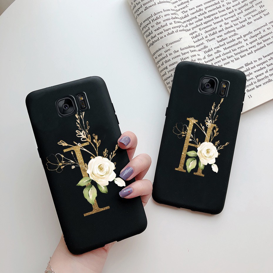 Samsung Galaxy S7 G930F Phone Case Black Matte Cute Flower Letters Silicone Soft Cover Shockproof Casing Cases