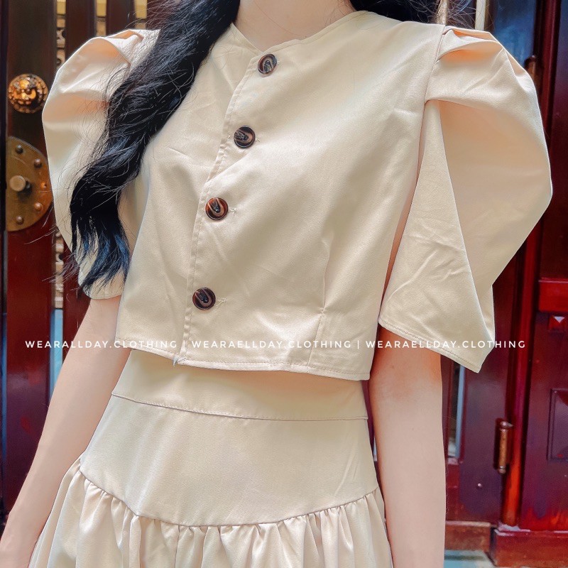 Set Áo Croptop Tay Bồng Với Quần Ống Rộng Sang Trọng