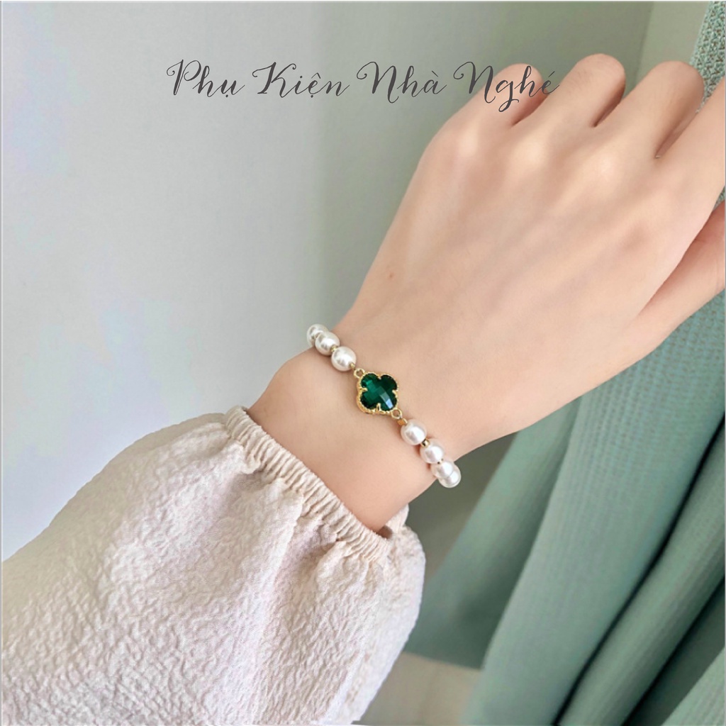 Lắc tay vòng tay nữ chuỗi ngọc trai nhân tạo, mặt bông hoa đá xanh Hàn Quốc, phong cách đơn giản, thanh lịch VT08