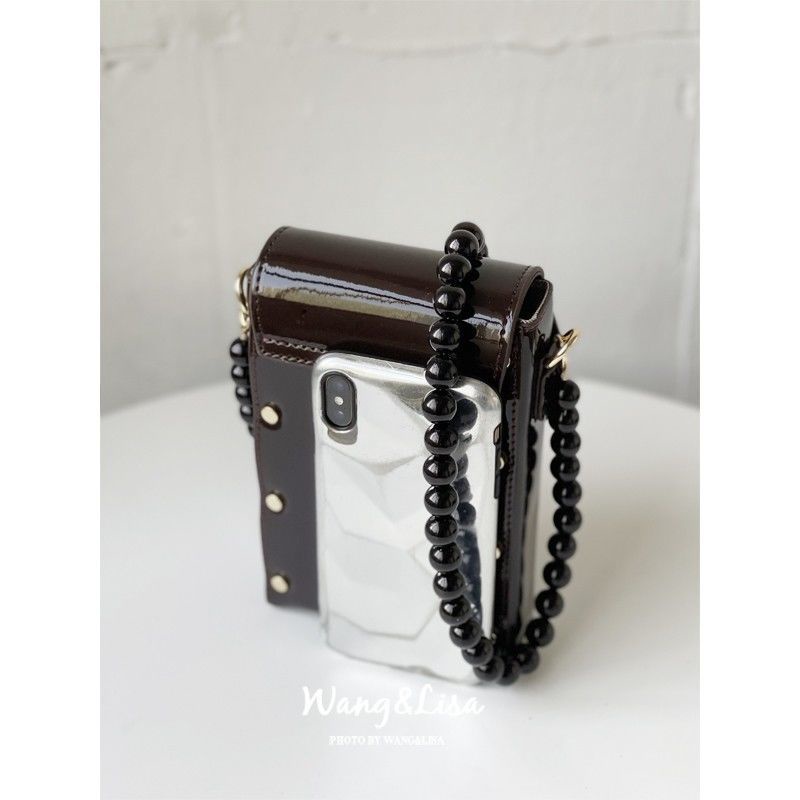 ▼◎✚Túi Đeo Chéo Da Bóng Đính Hạt Hình Trái Tim Ba Chiều Màu Đen Phong Cách ins Phong Cách Nóng Bỏng Cho Bạn Gái