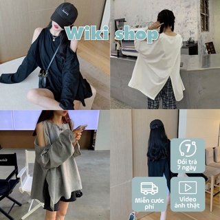 Áo nỉ cổ tròn nữ dài tay khoét vai Wikishop màu đen trắng ghi form rộng freesize sexy phong cách hàn quốc C493