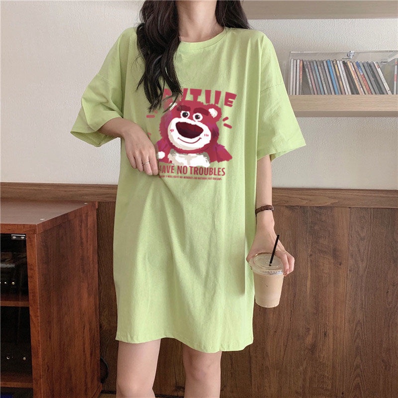 Đồ ngủ Tay Ngắn Cổ Tròn In Hình Gấu Và Dâu Tây Dễ Thương Thời Trang Mùa Hè Cho Nữ