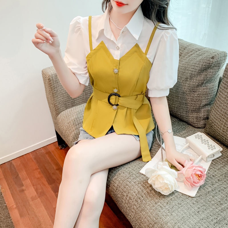 Áo Kiểu Ngắn Tay Giả Hai Lớp Phối Sọc Ca Rô Thời Trang Dành Cho Nữ