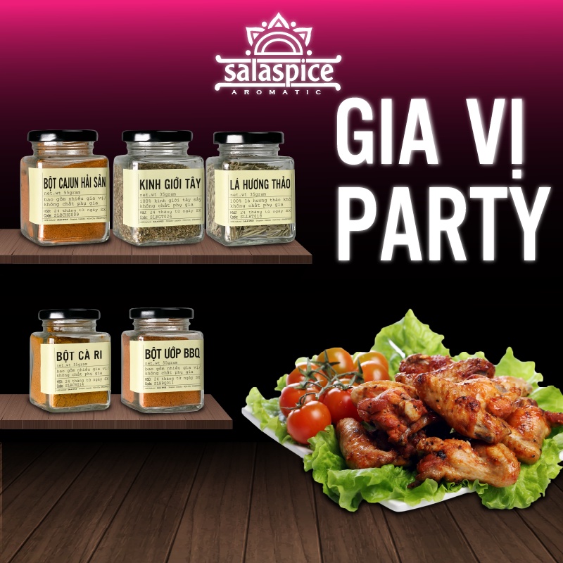 Combo Gia Vị Party SALA SPICE 5 loại giá tiết kiệm, tiện lợi chế biến các món cà ri , BBQ ,hải sản , bít têt , mì ý