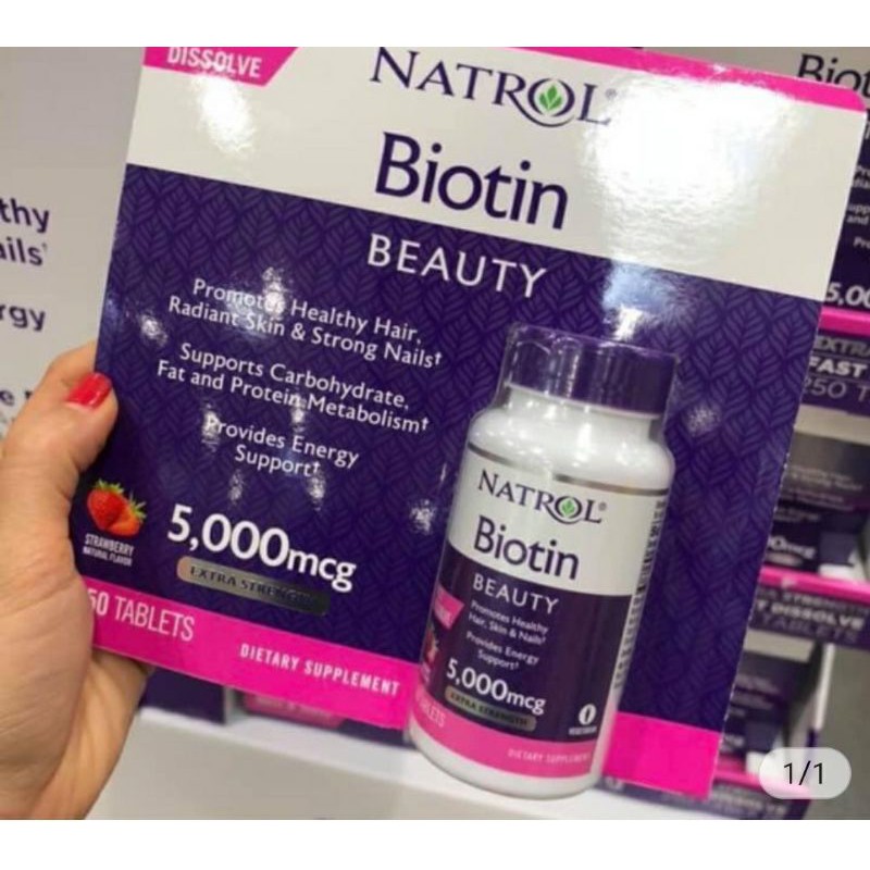 Natrol Biotin Hair Nails Skin 5000mcg 250 viên Mỹ, Hương Dâu