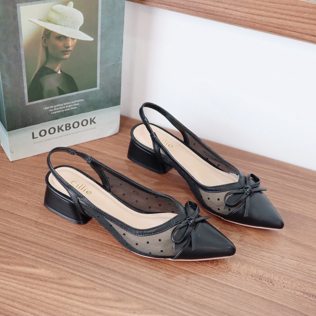 Giày nữ cao gót slingback Cillie mũi nhọn gót trụ vuông 3cm hottrend 2022 phối lưới chấm bi vintage 1044