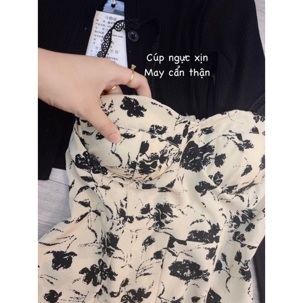 Set đầm dây hoa đen cúp ngực kèm áo cadigan len tăm SIKY VH05