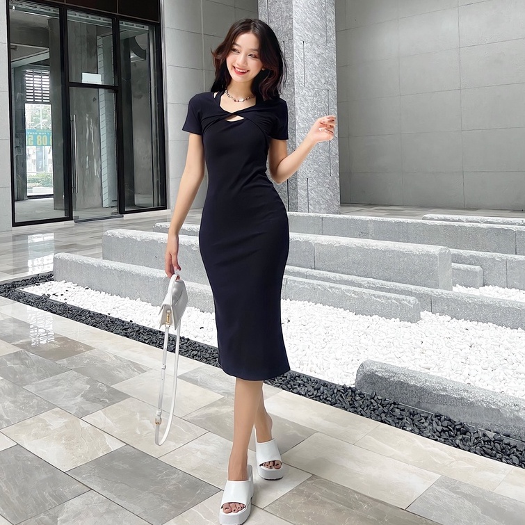 Đầm body tay ngắn TOPTIFY đầm form dài kiểu ngực xoắn cổ yếm Josie Dress DT24