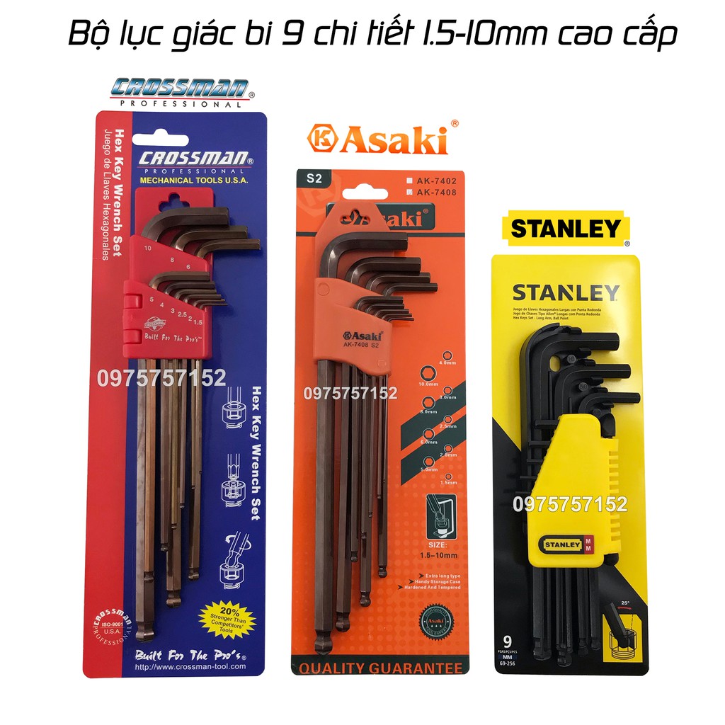 Bộ lục giác bi 9 chi tiết 1.5-10mm STANLEY, CROSSMAN, Asaki - Bộ lục giác chất lượng cao được tin dùng nhất