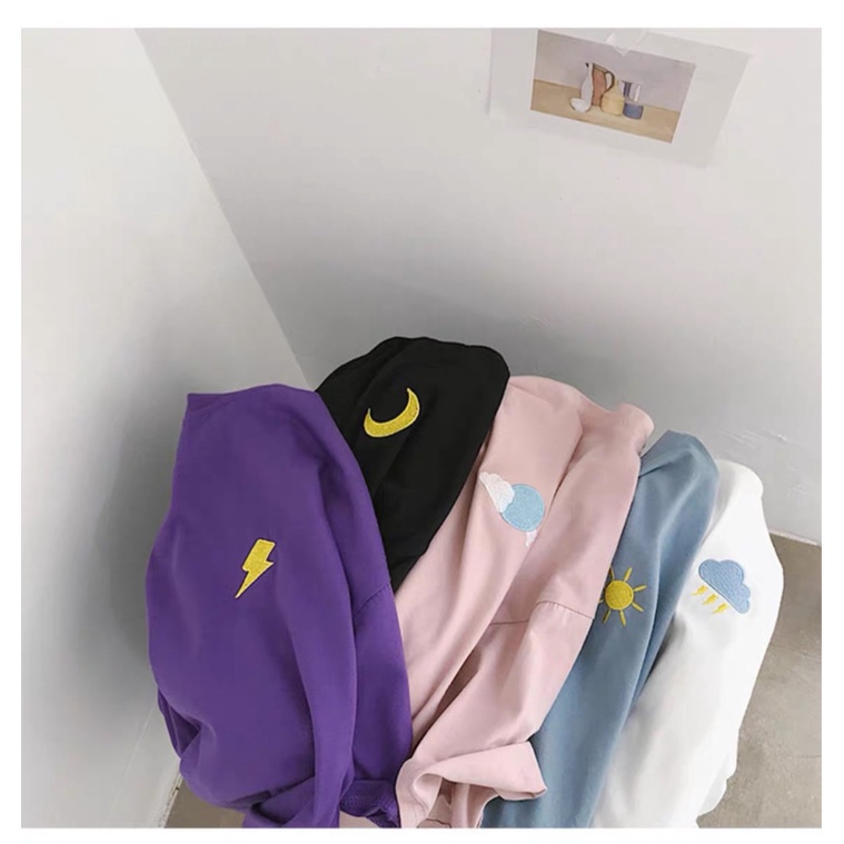 Áo Thun Tay Ngắn Cổ Tròn Thêu Hình Mặt Trăng / Mặt Trời / Đám Mây Phong Cách Harajuku Thời Trang Mùa Hè Cho Nam Và Nữ