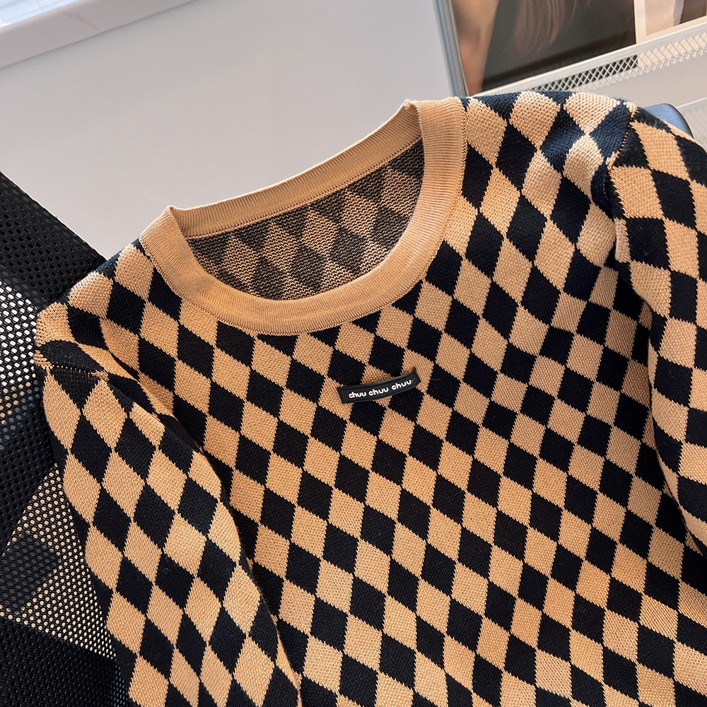 Rhomb Áo sweater Dệt Kim Tay Dài Dáng Ngắn Thời Trang Mùa Thu Cho Nữ