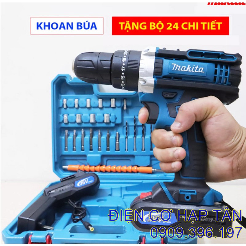 Máy Khoan MAKITA 36V Có Búa Lõi Đồng - 2 Pin Bắt Vít, Khoan Sắt, Khoan Tường, Khoan Gỗ