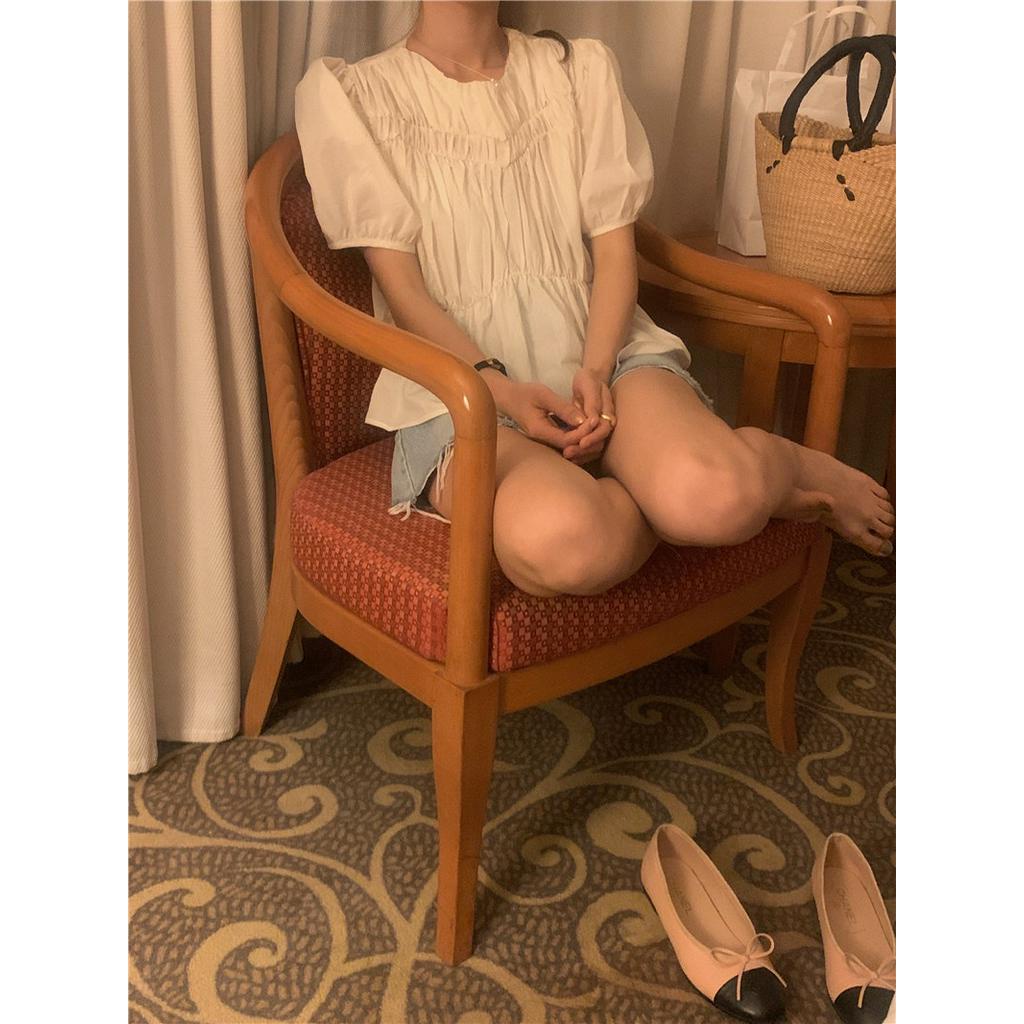 Áo Kiểu Tay Phồng Cổ Tròn Xếp Ly 2 Màu Phong Cách Pháp 62621