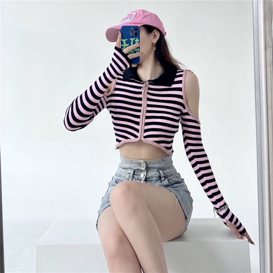 Áo croptop tay dài len thun dệt kim cổ polo hở vai có khóa kéo họa tiết kẻ sọc đen trắng tôn dáng B-00