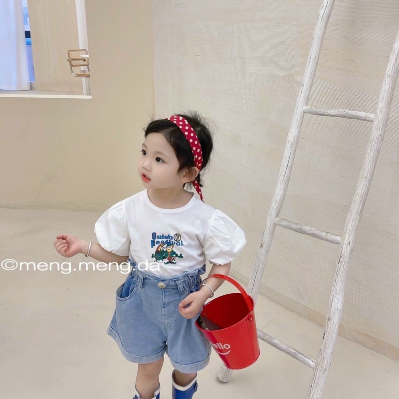 Set Bé Gái Festival Tay Bồng Phối Quần Bò Xước Cá Tính