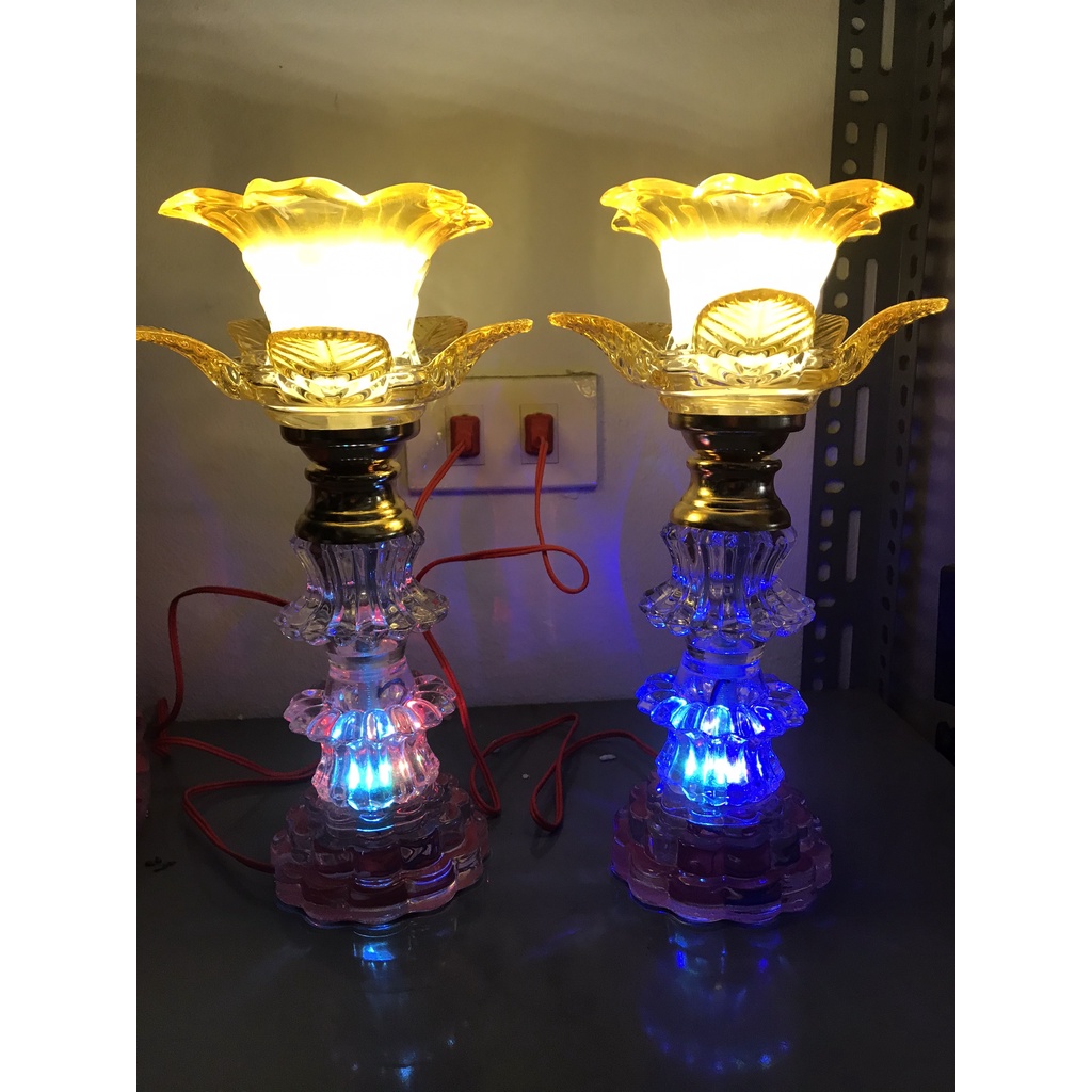 1 đôi Đèn thờ cúng pha lê, Đèn trang trí bàn thờ LED hoa sen 1 bông cao 40cm