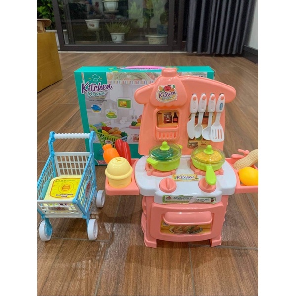 Bộ đồ chơi nhà bếp kèm xe đẩy siêu thị cho bé (màu xanh)