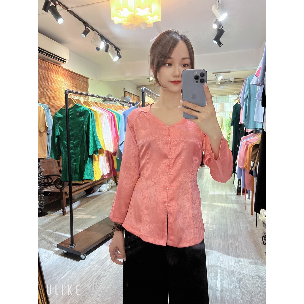 Áo đi chùa đẹp, áo bà ba lụa gấm Hàn Châu # Đồ Phật tử lụa cao cấp # bà ba vân gấm hoa sen cúc ngọc xinh AB12 Hồng phấn