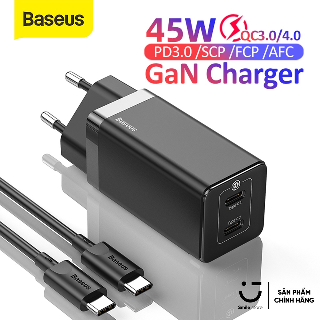 Bộ Cốc Sạc Nhanh Đa Năng Siêu Nhỏ Gọn BASEUS 45W GaN Quick Charger C+C 45W