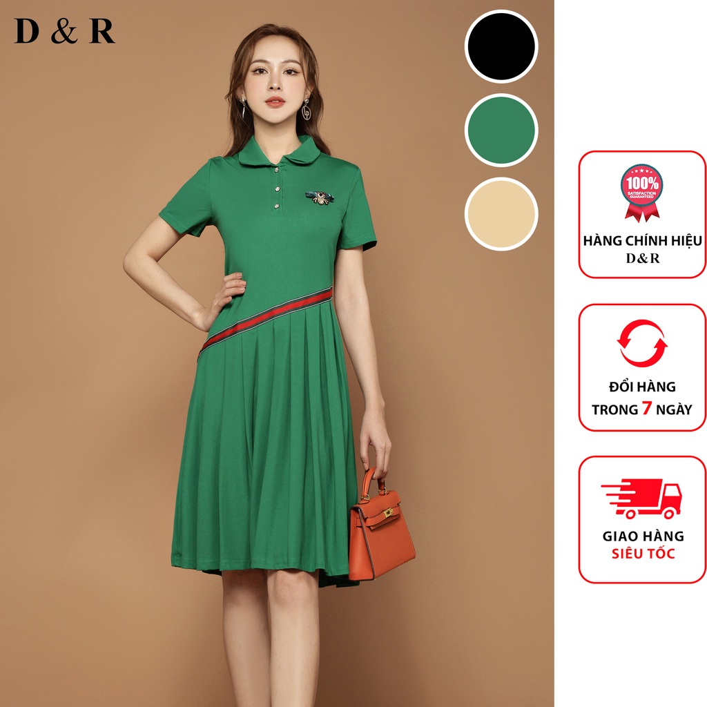 Đầm polo nữ bigsize họa tiết con ong đính đá Quảng Châu cao cấp váy đi chơi dạo phố thương hiệu thời trang D&R D176